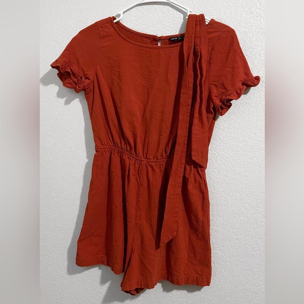 Shein Ruffle Trim Split Back Self Belted Romper